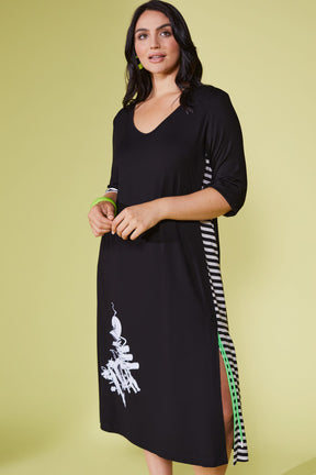 Ora Striped Panel Dress in Black