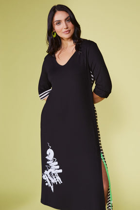 Ora Striped Panel Dress in Black