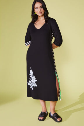 Ora Striped Panel Dress in Black