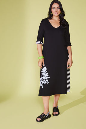 Ora Striped Panel Dress in Black