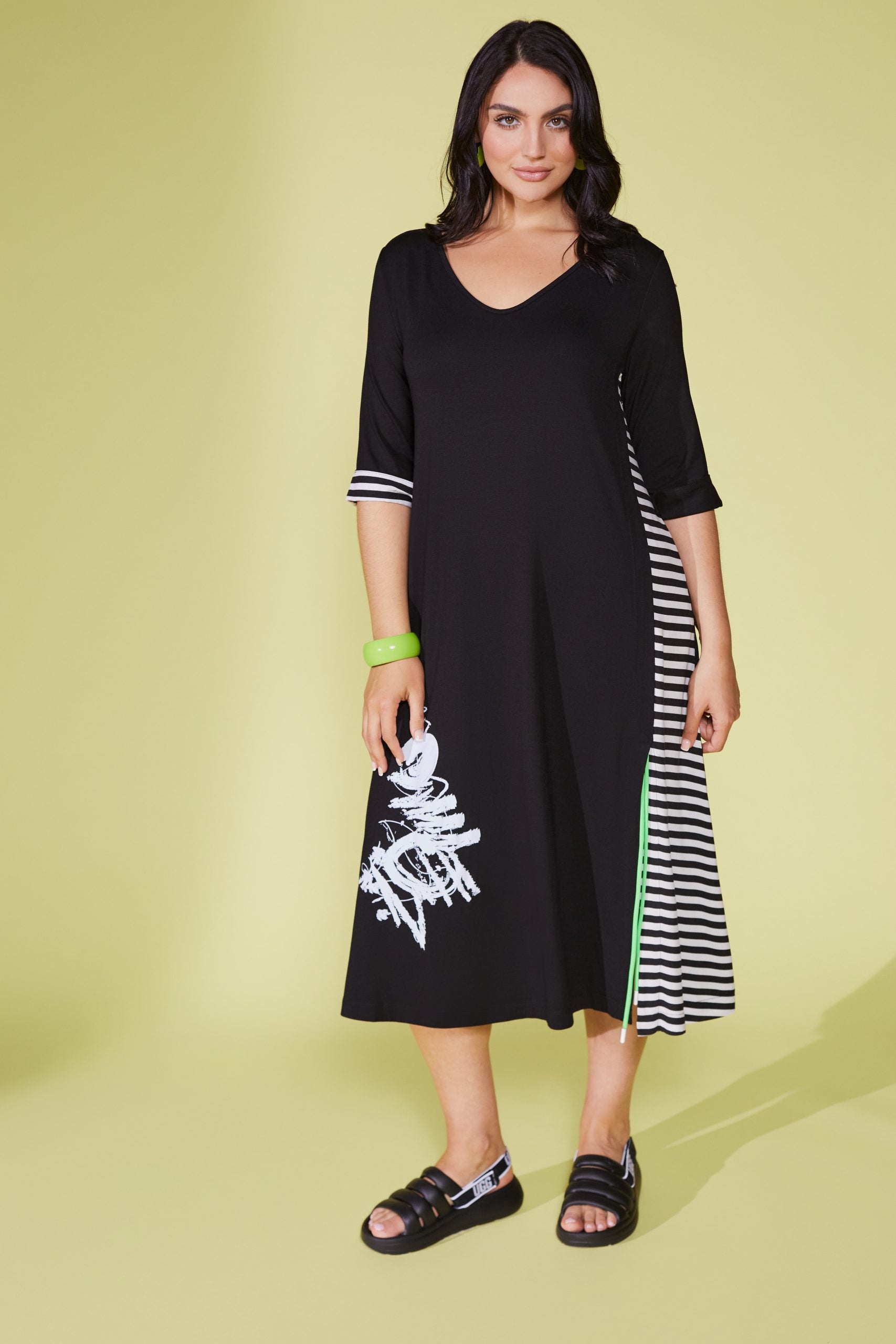 Ora Striped Panel Dress in Black