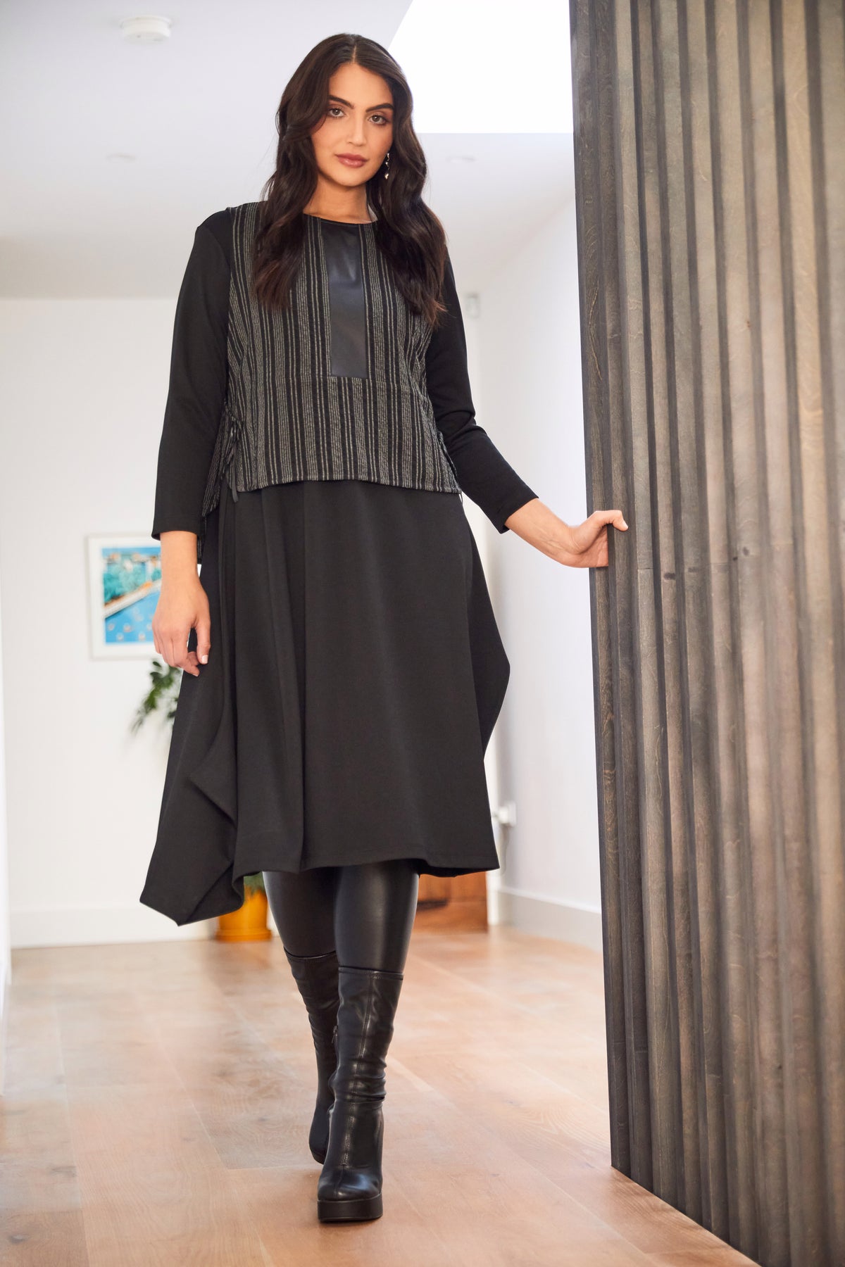 Ora Black Dress with Pinstripe Overlay