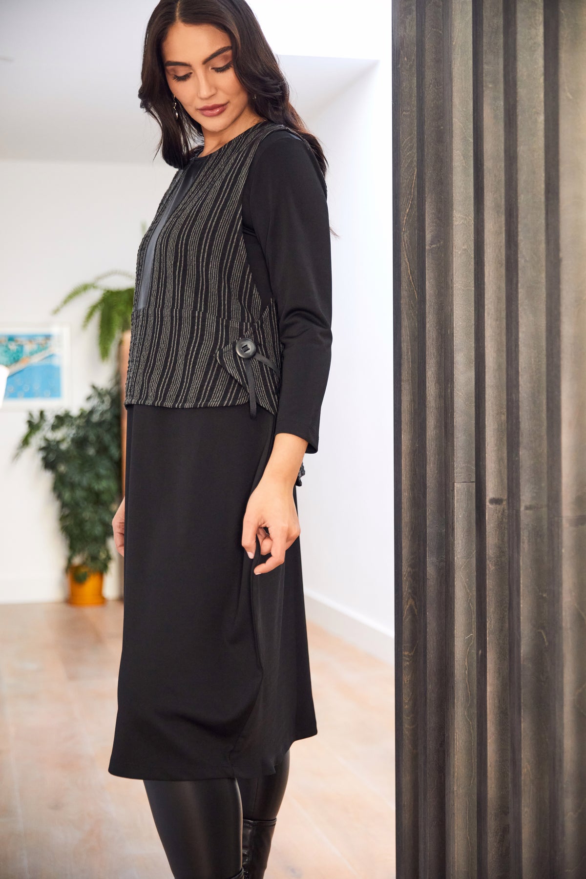 Ora Black Dress with Pinstripe Overlay