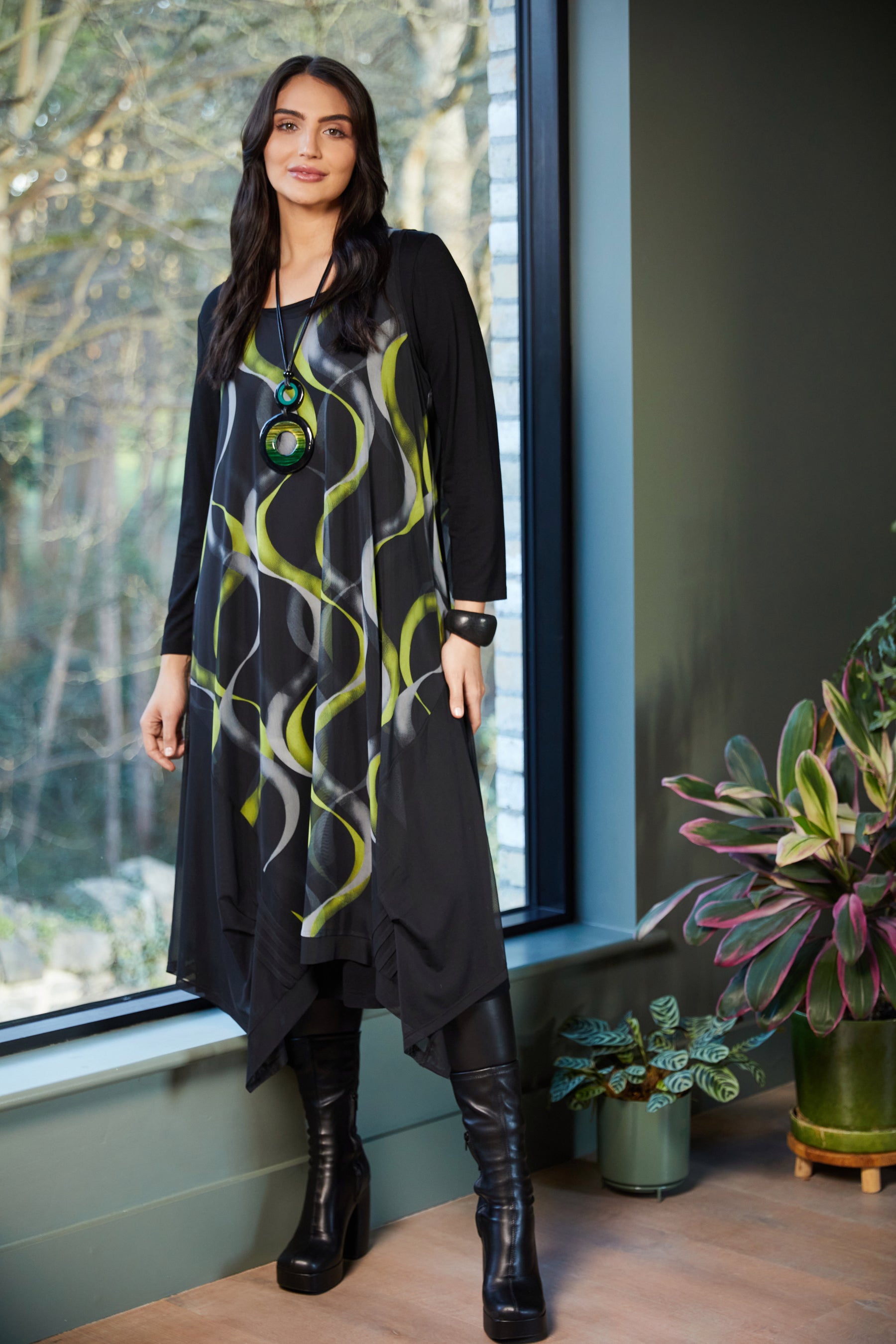 Ora Black Dress with Lime Swirl Overlay