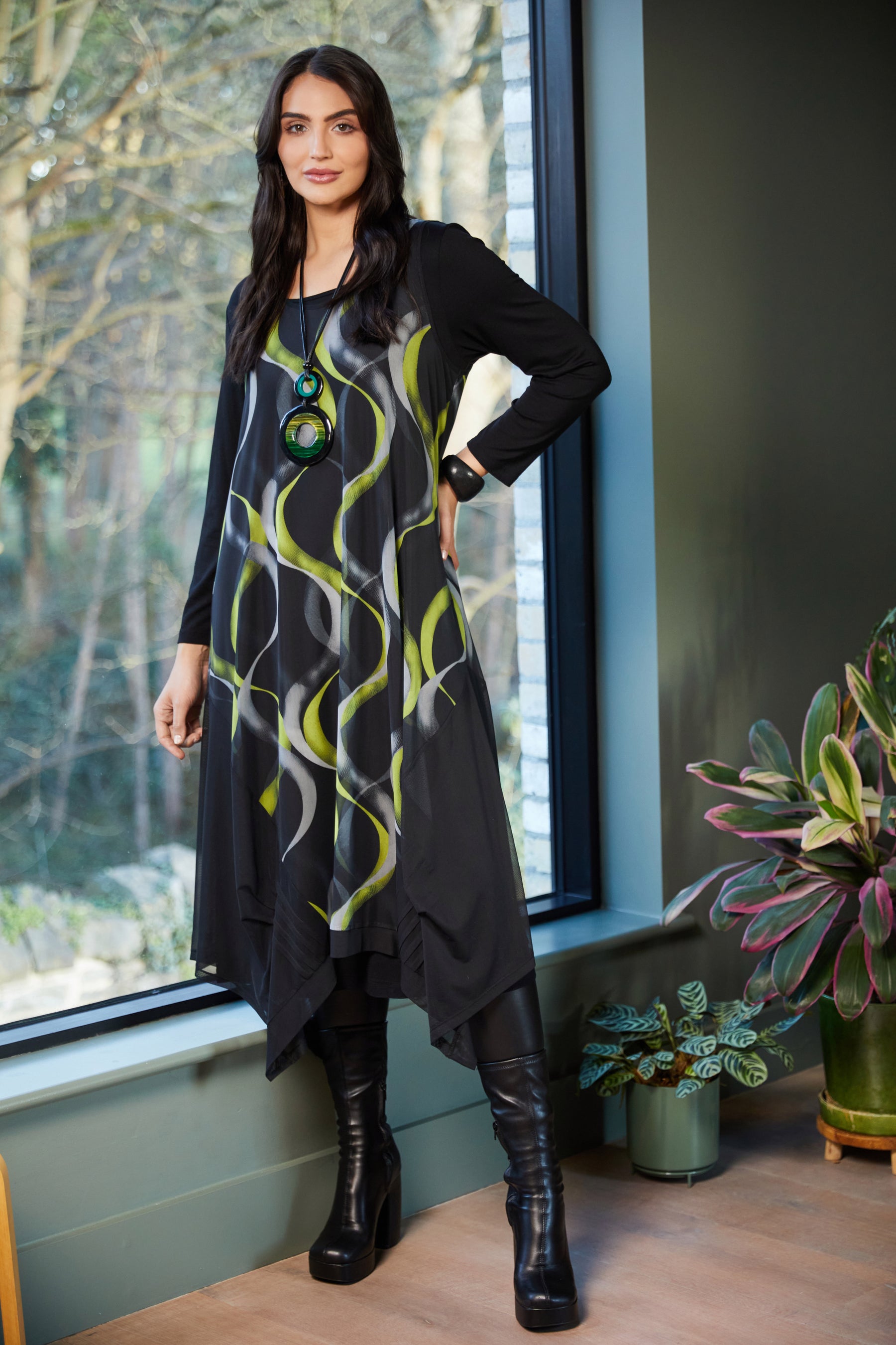 Ora Black Dress with Lime Swirl Overlay