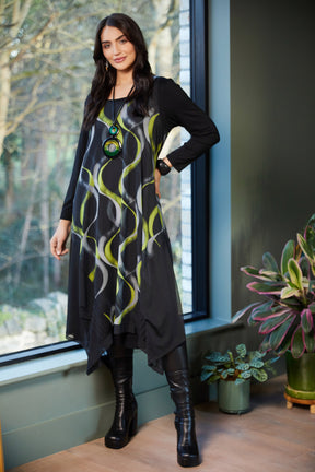 Ora Black Dress with Lime Swirl Overlay