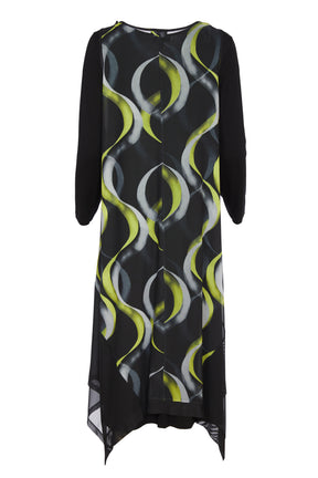 Ora Black Dress with Lime Swirl Overlay