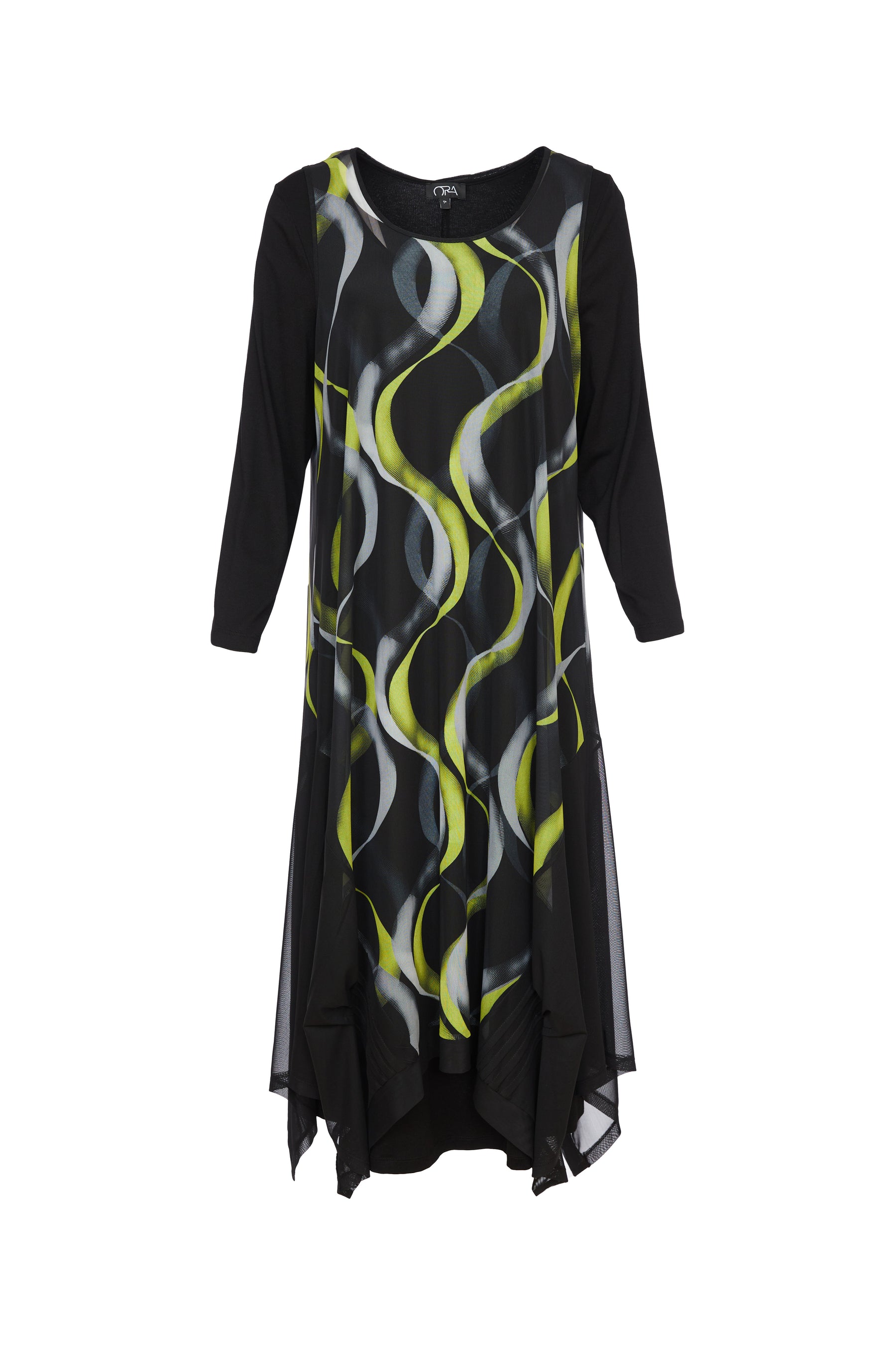 Ora Black Dress with Lime Swirl Overlay