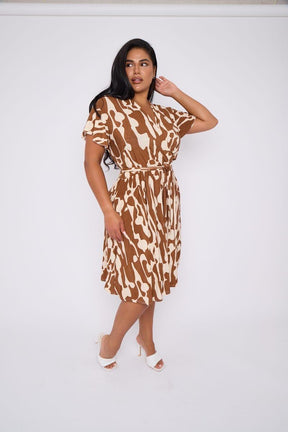 Demi Faux Wrap Dress in Wavy Tan