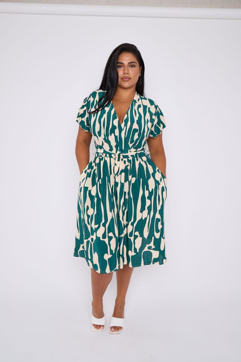 Demi Faux Wrap Dress in Wavy Green