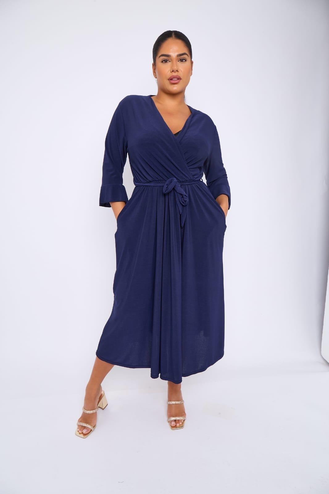 Dani Faux Wrap 3/4 Sleeve Dress in Navy