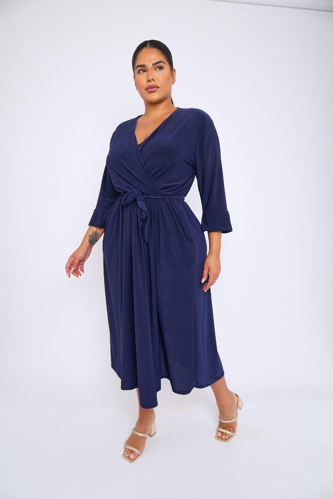 Dani Faux Wrap 3/4 Sleeve Dress in Navy