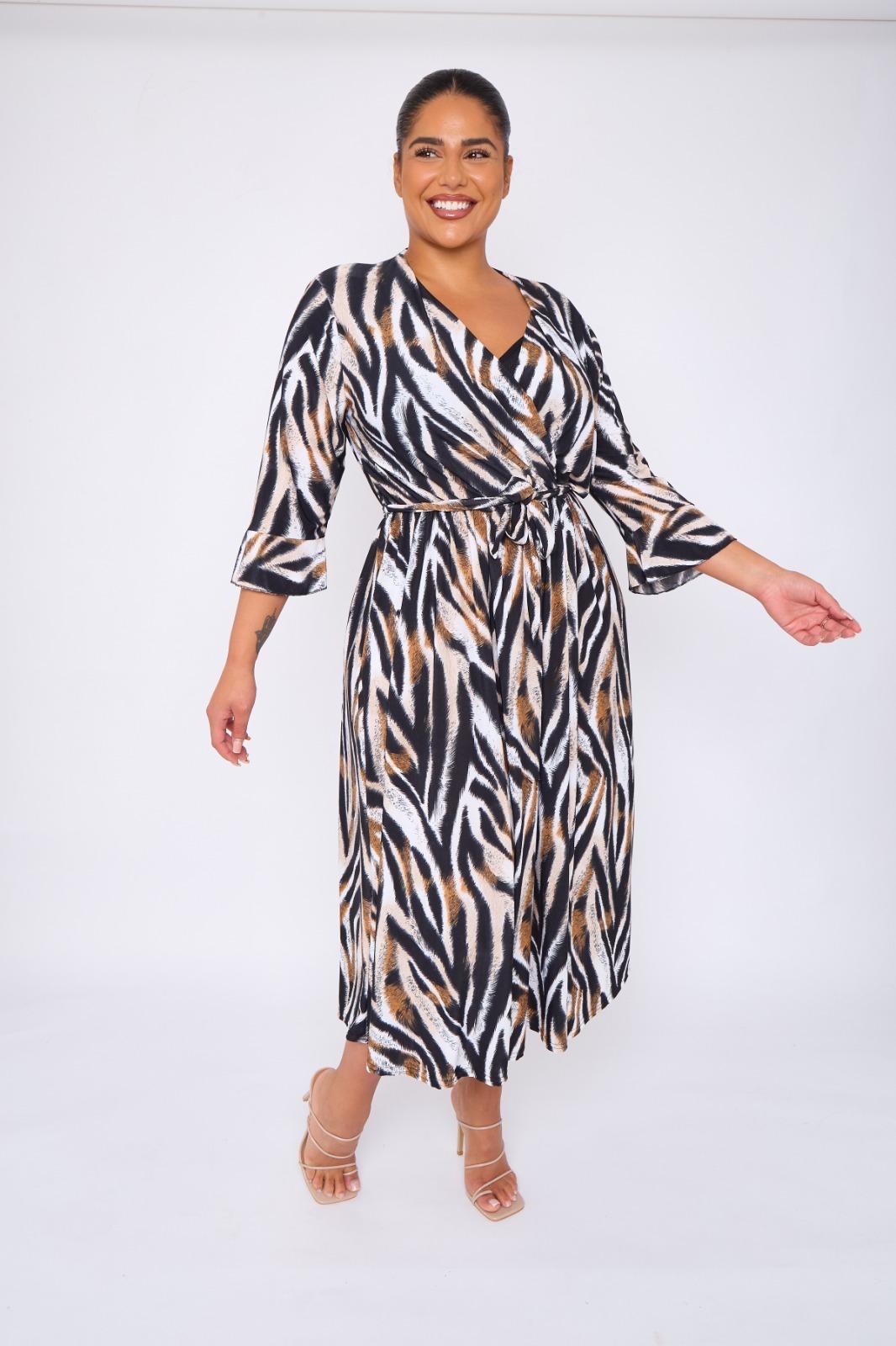 Dani Faux Wrap 3/4 Sleeve Dress in Black Feather