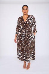 Dani Faux Wrap 3/4 Sleeve Dress in Brown Leopard