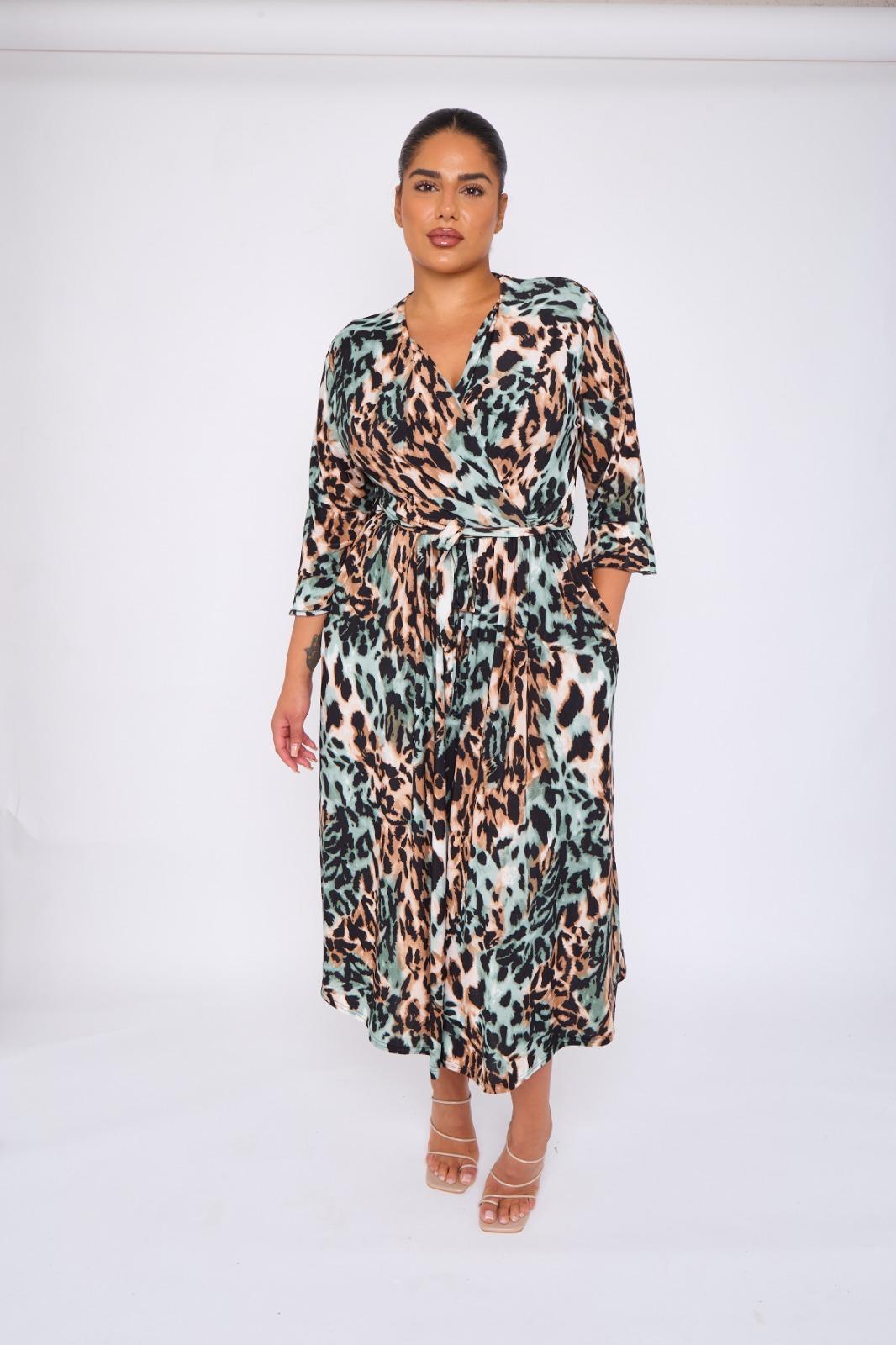 Dani Faux Wrap 3/4 Sleeve Dress in Teal Leopard