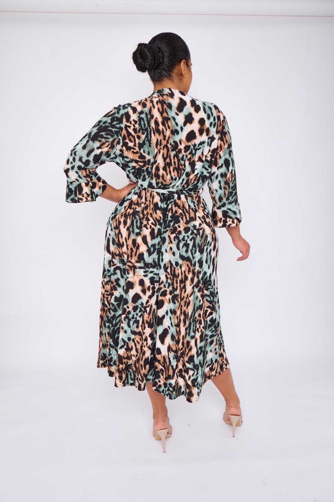 Dani Faux Wrap 3/4 Sleeve Dress in Teal Leopard