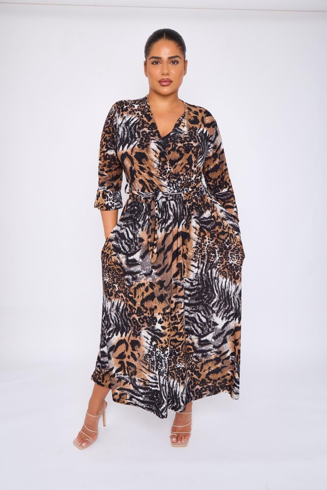 Dani Faux Wrap 3/4 Sleeve Dress in Tiger Print