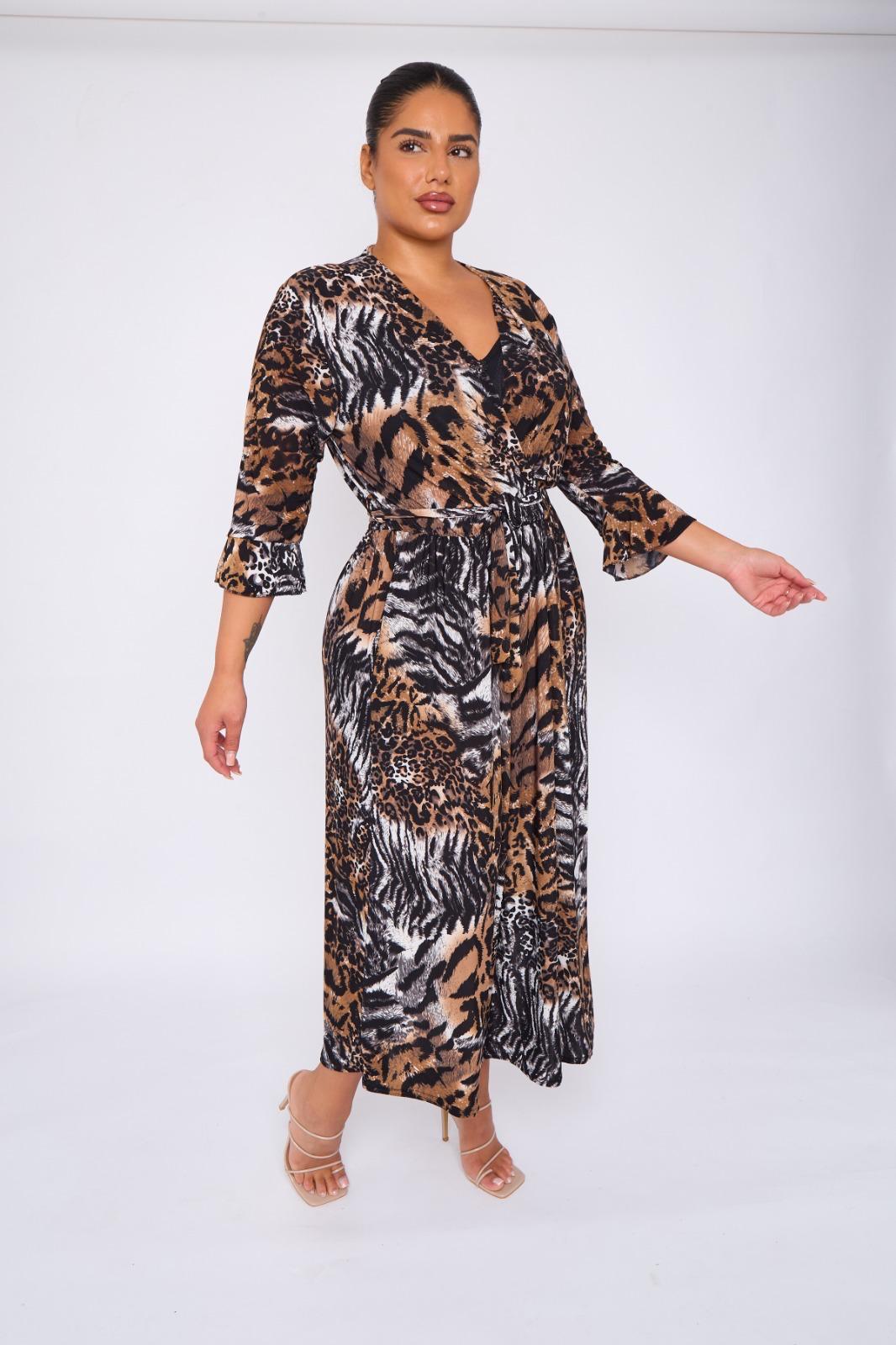 Dani Faux Wrap 3/4 Sleeve Dress in Tiger Print