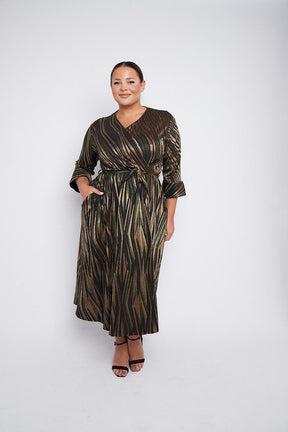 Dani Sparkle Faux Wrap Dress in Gold And Green Stripe