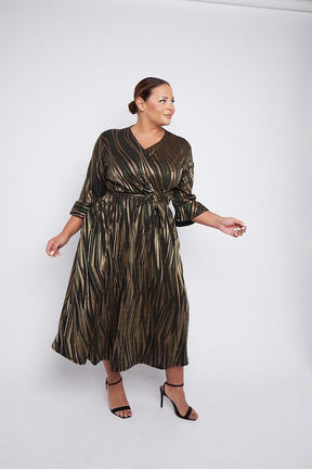 Dani Sparkle Faux Wrap Dress in Gold And Green Stripe