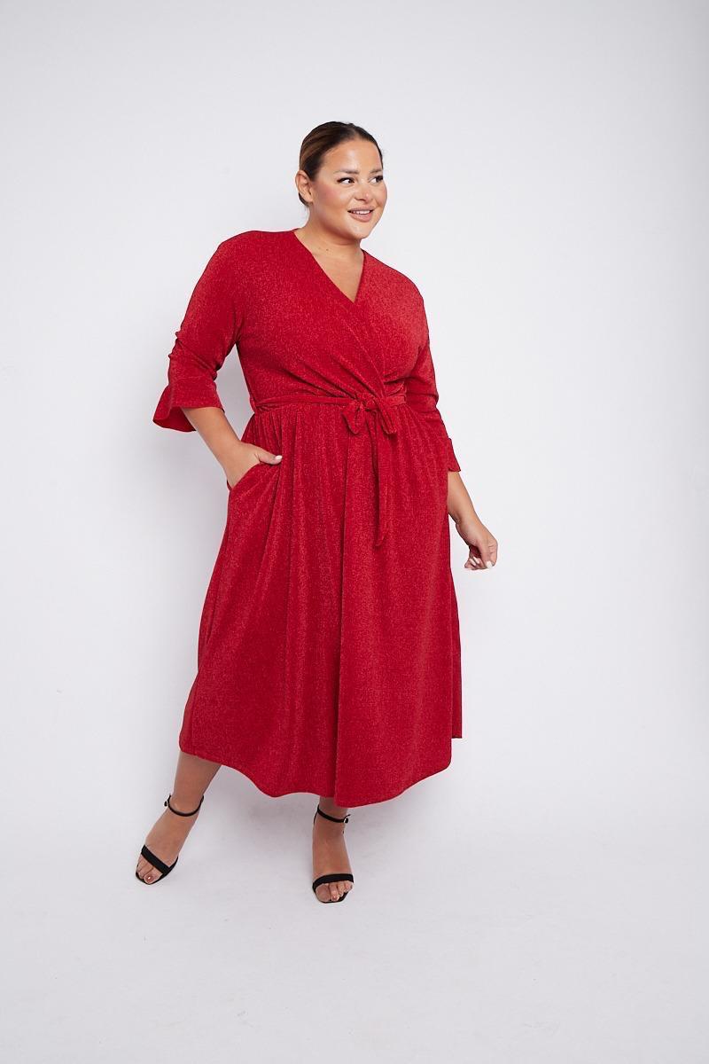 Dani Sparkle Faux Wrap Dress in Red