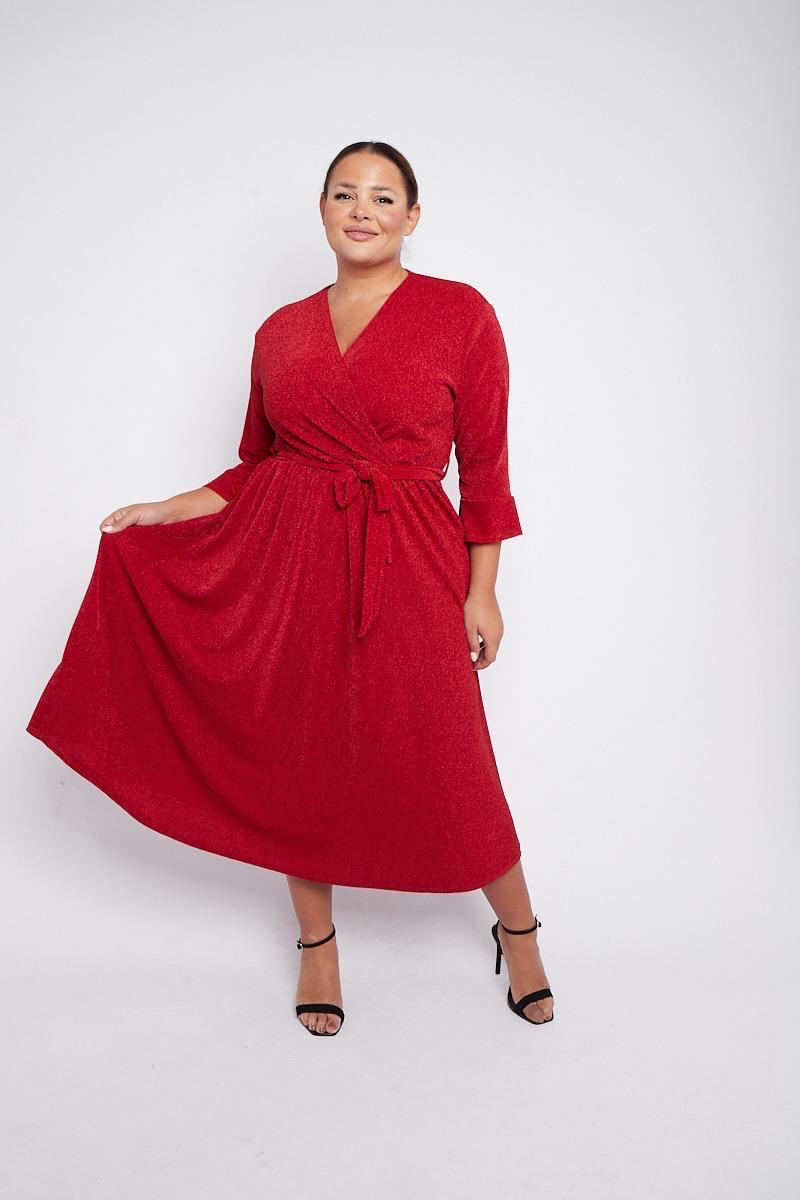 Dani Sparkle Faux Wrap Dress in Red