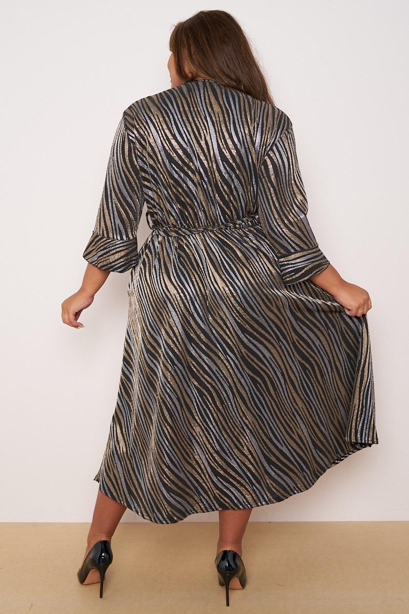 Dani Sparkle Faux Wrap Dress in Gold and Silver Stripe