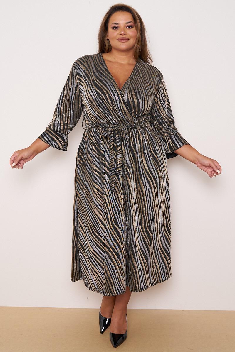 Dani Sparkle Faux Wrap Dress in Gold and Silver Stripe