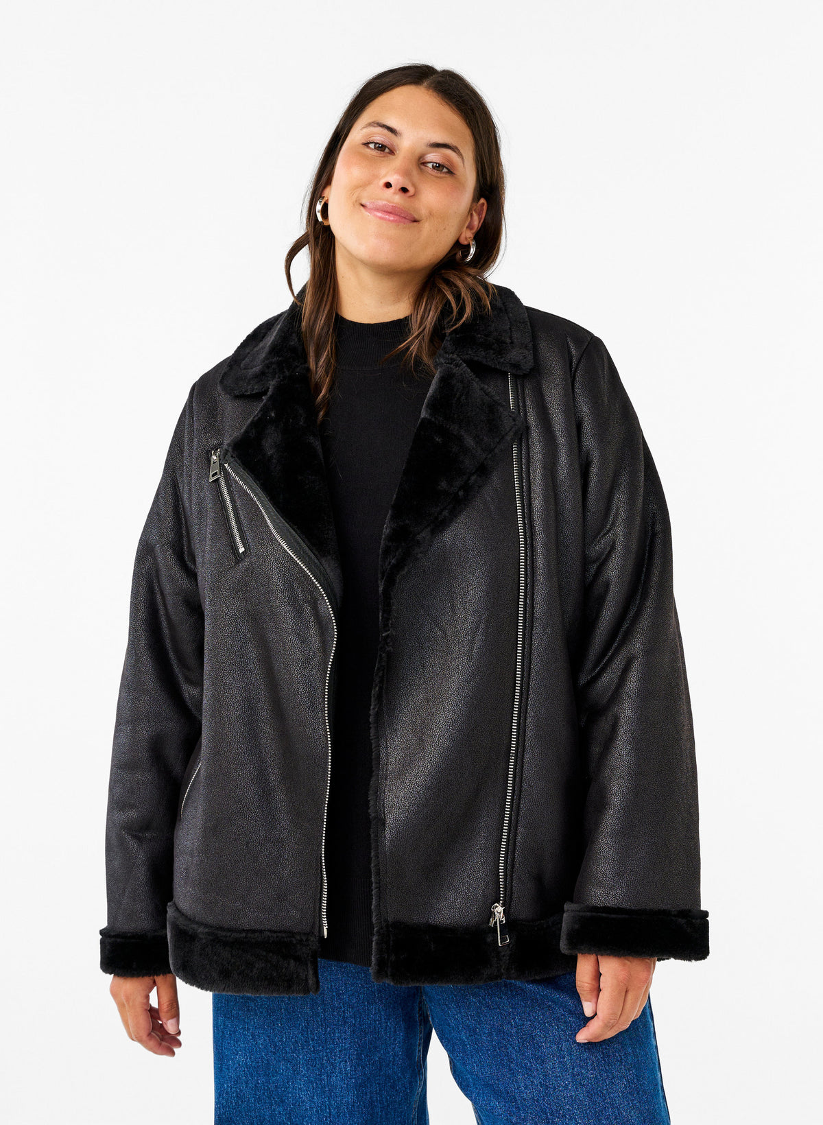 Zizzi Pilot Faux Leather Jacket in Black