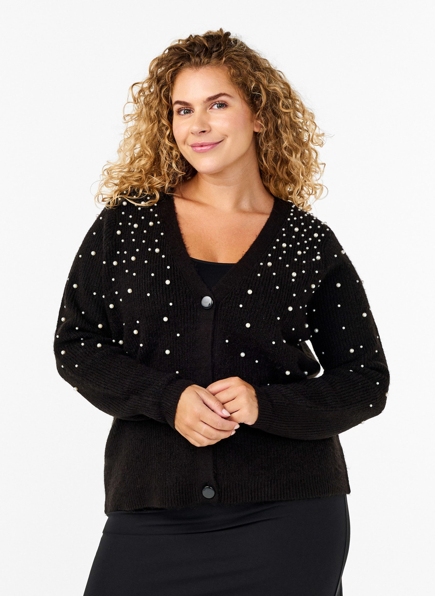 Zizzi Lea Pearl Cardigan in Black