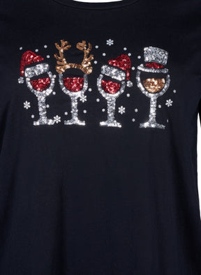 Zizzi Christmas Drinks T-Shirt in Black