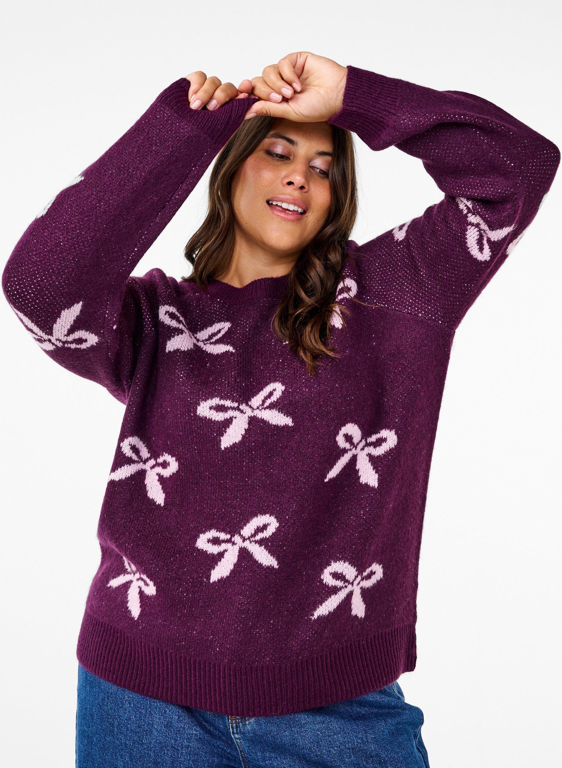 Zizzi Bowy Knit Jumper in Purple