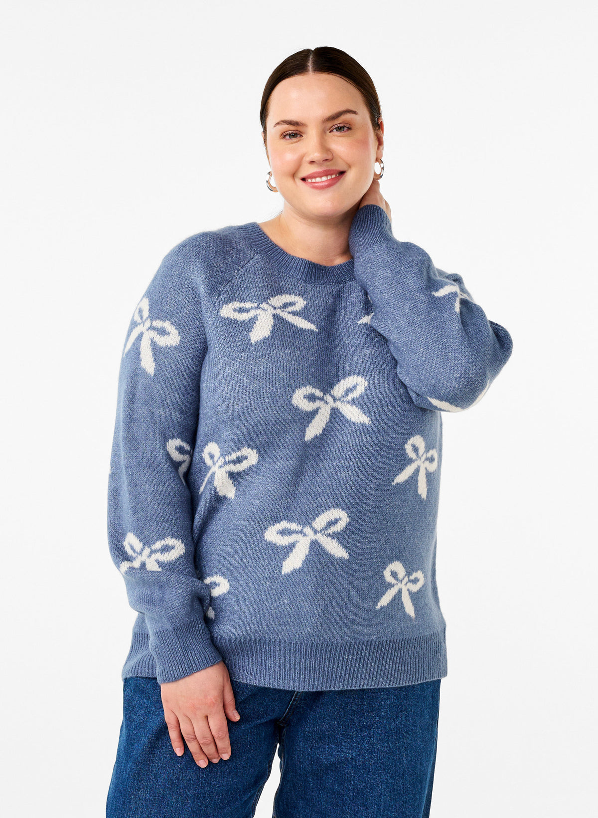 Zizzi Bowy Knit Jumper in Blue