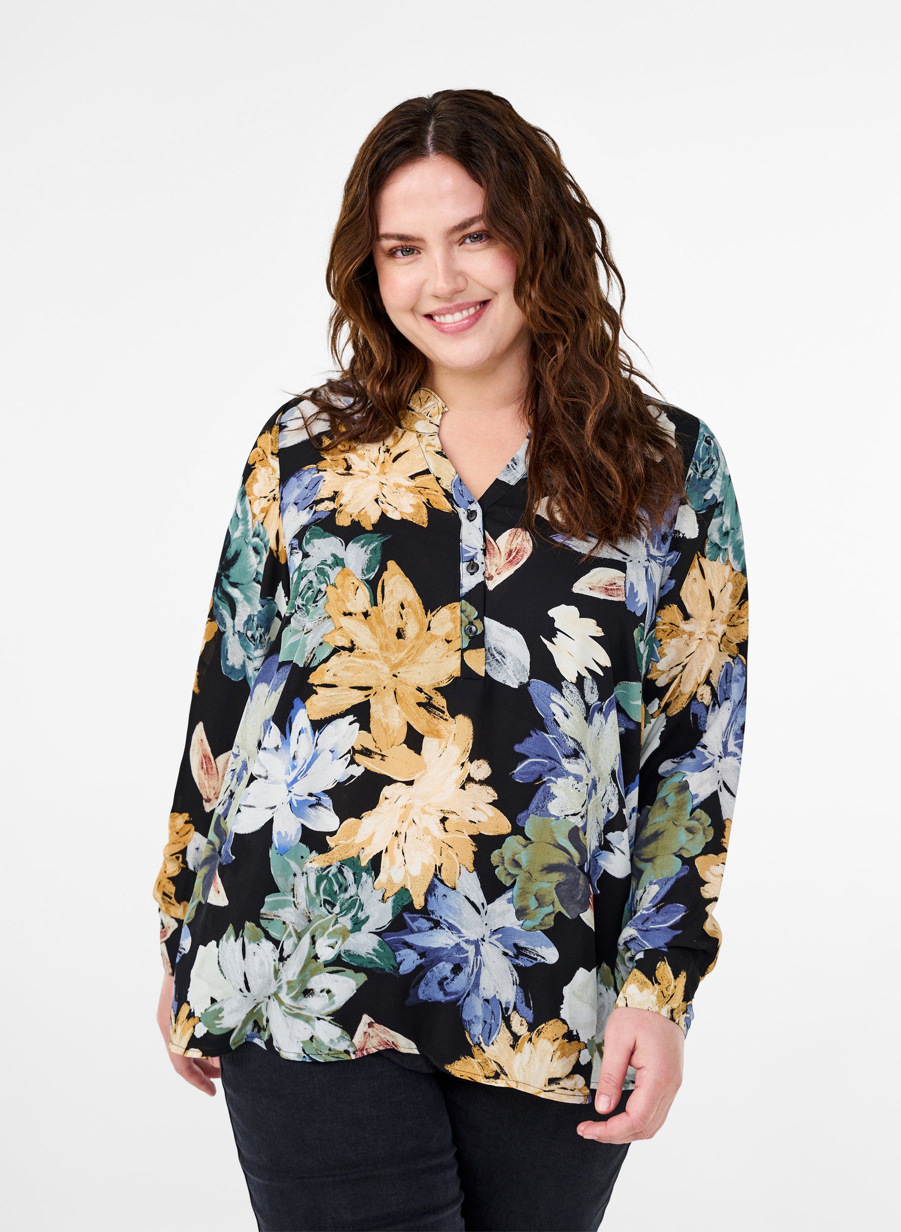 Zizzi Seli Blouse with Yellow Floral Print