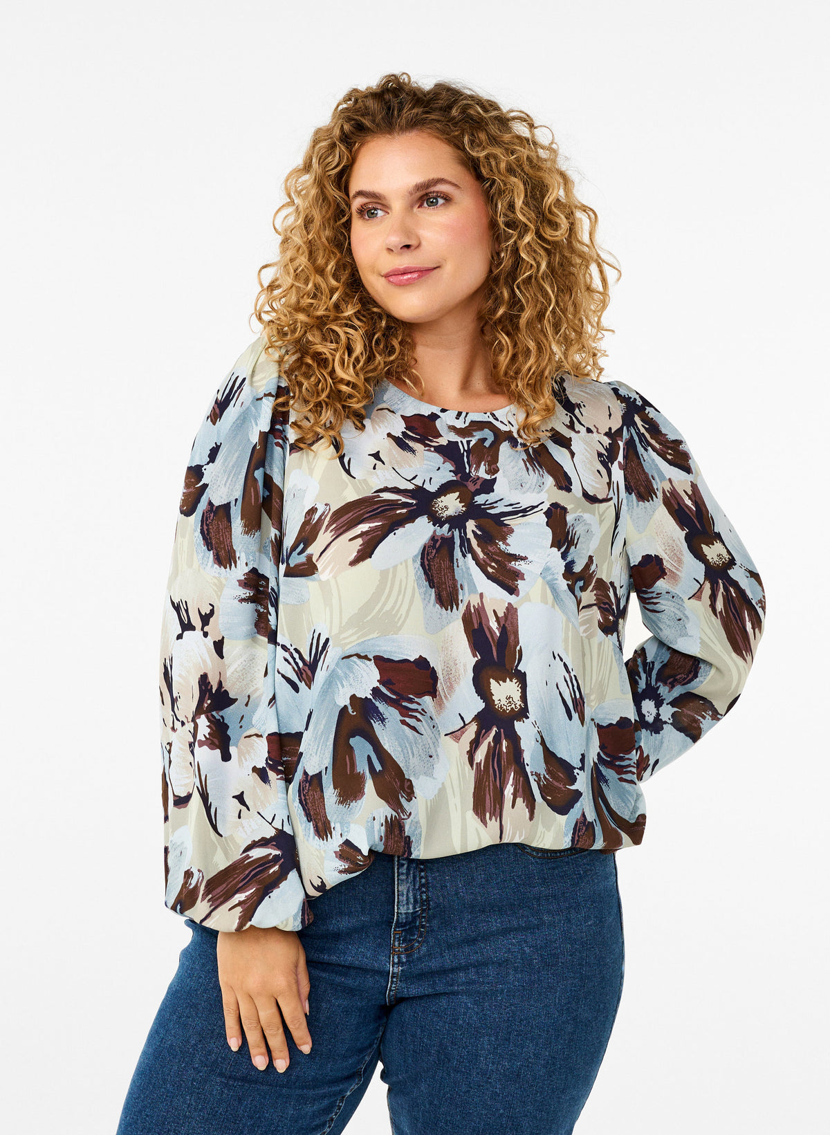 Zizzi Seli Blouse with Grey Floral Print