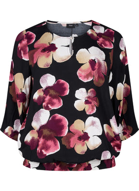 Zizzi Bella Smocked Blouse with Pink Floral Print