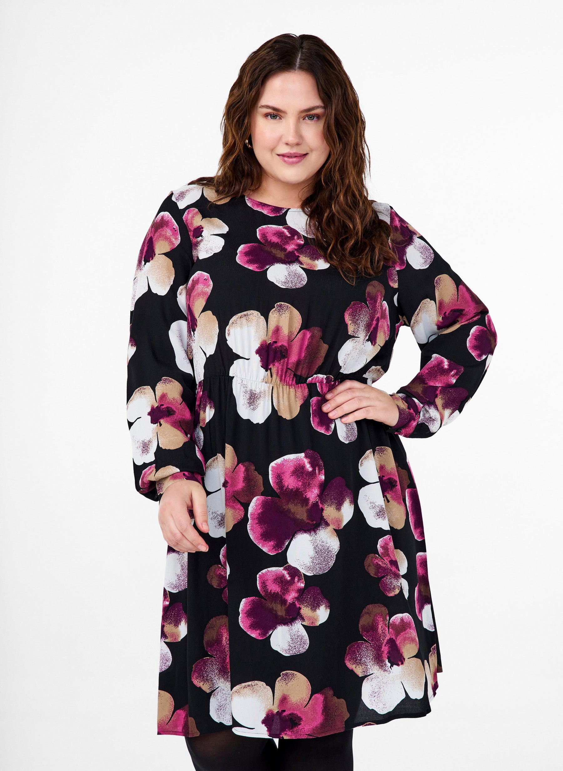 Zizzi Bella Long Sleeve Dress in Pink Flower