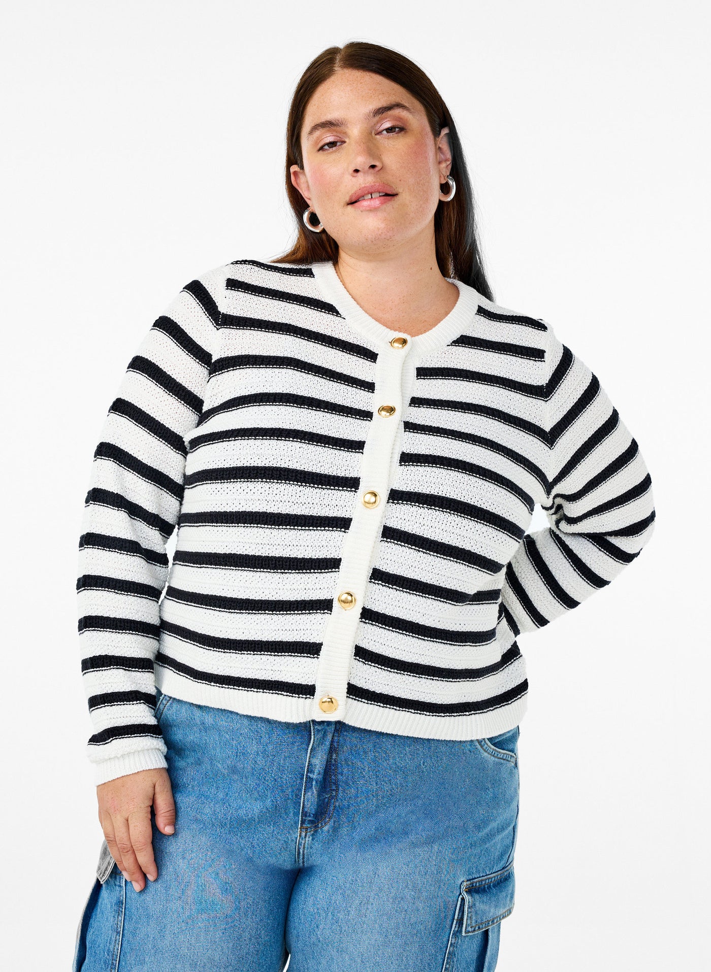 Zizzi Dahlia Cardigan in White and Black