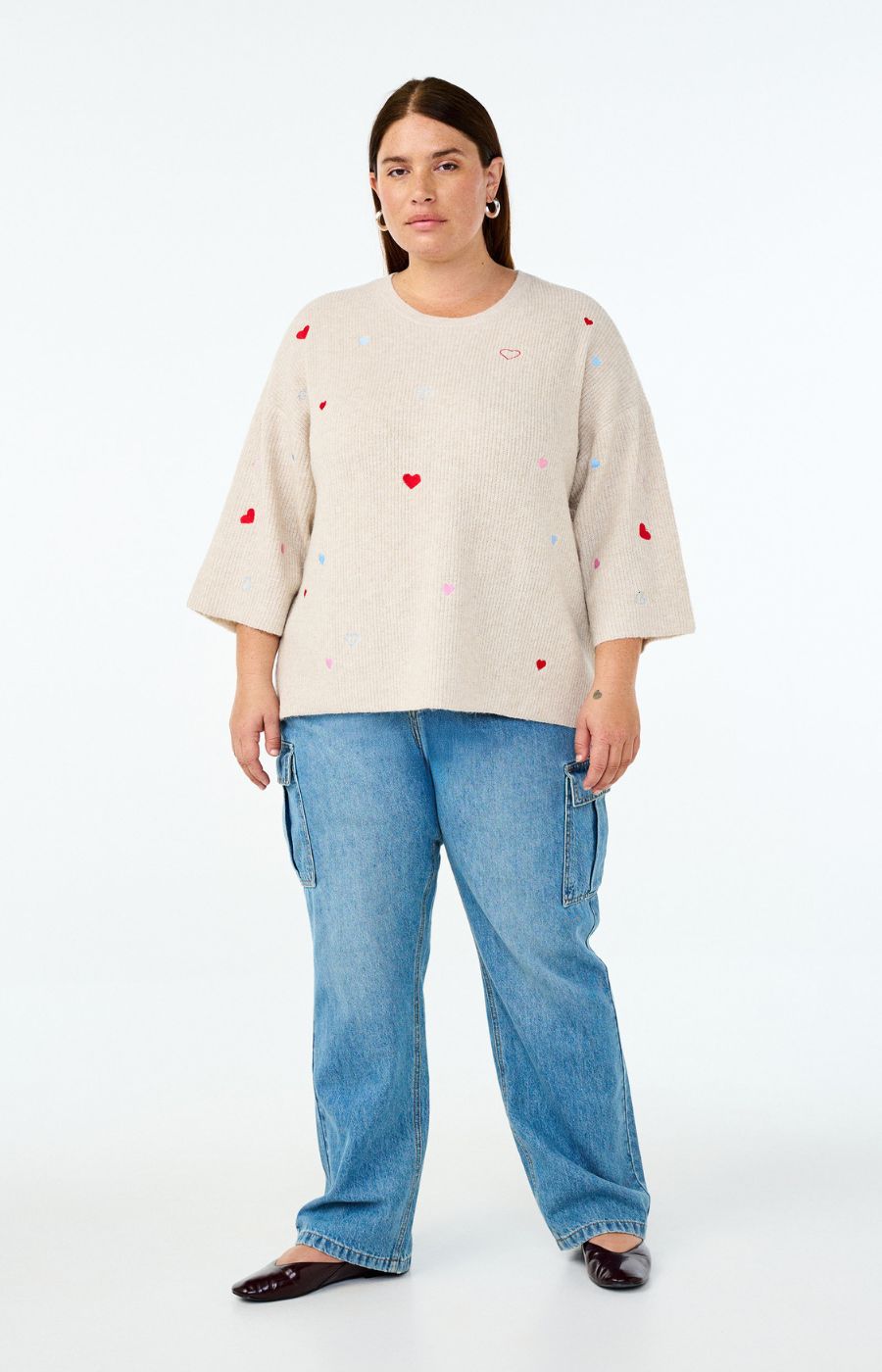 Zizzi Sunny Heart Knit Top in Beige