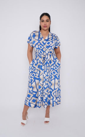 Dani Faux Wrap Dress in Blue Aztec Print