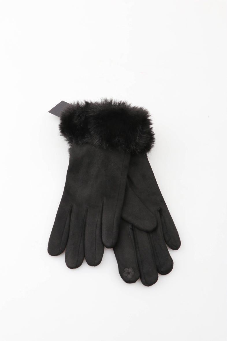 Faux Fur Trim Gloves in Black