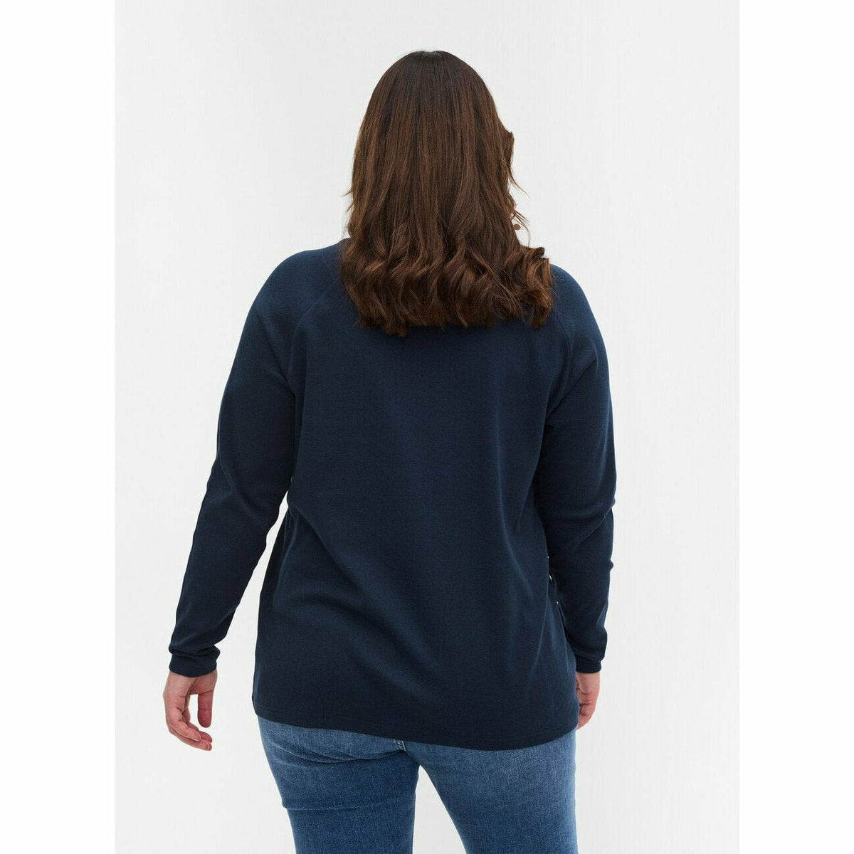 Zizzi Long Sleeve Cotton Top in Navy - Wardrobe Plus