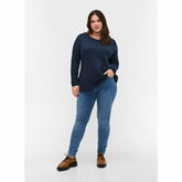 Zizzi Long Sleeve Cotton Top in Navy - Wardrobe Plus